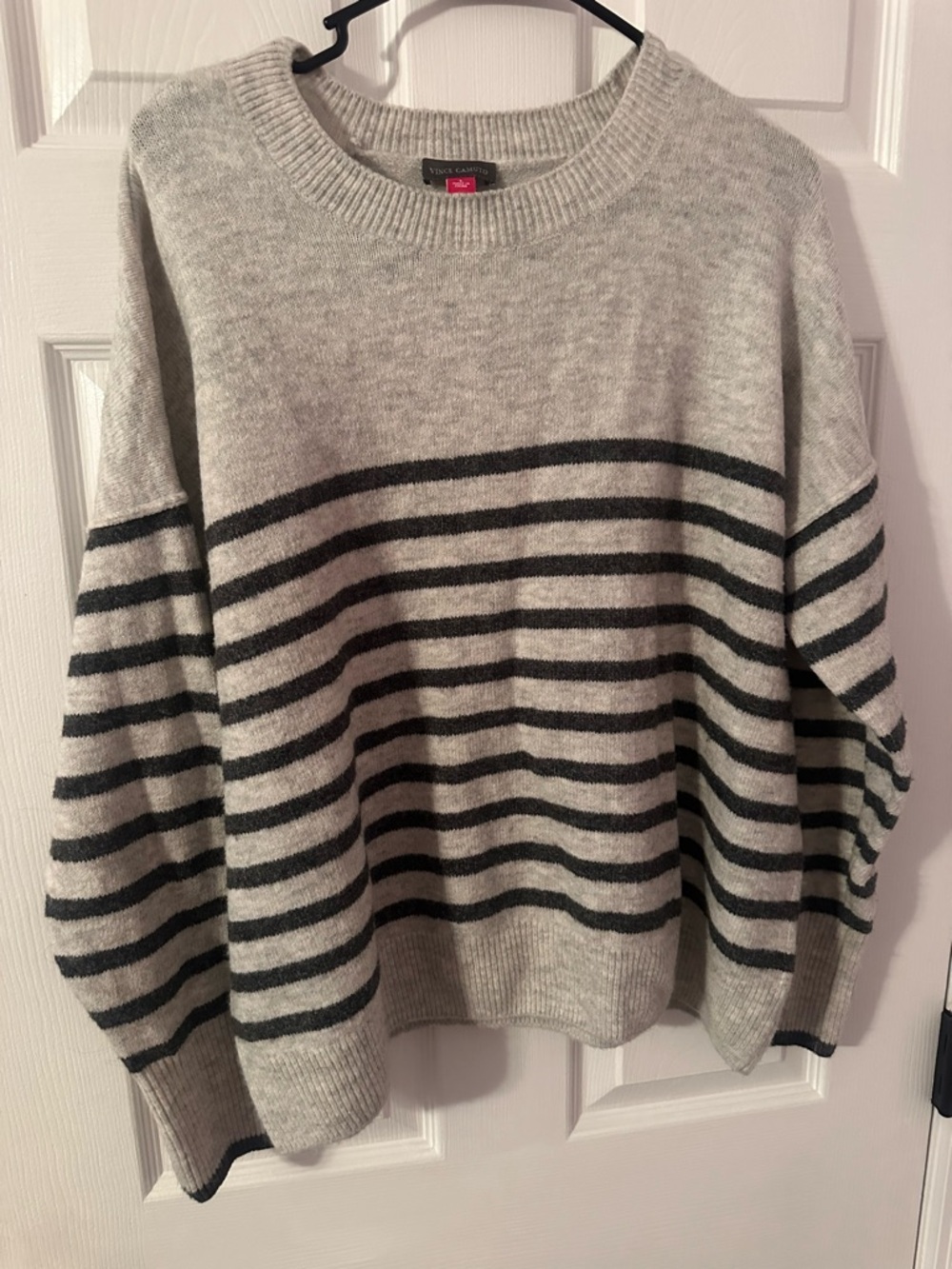 Vince Camuto Light Gray Crewneck Sweater with Charcoal Stripes